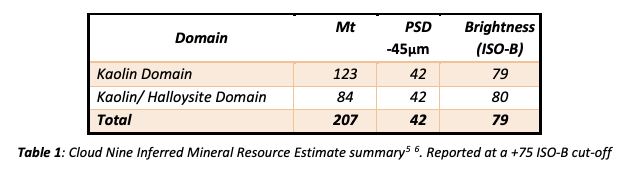 Cloud Nine Inferred Mineral Resource Estimate Summary Table