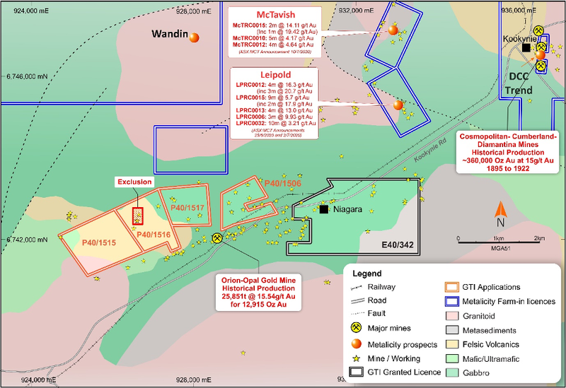 Niagara Project – Licences and Mineral Occurrences, Metalicity Prospects on 1:500,000 Geology