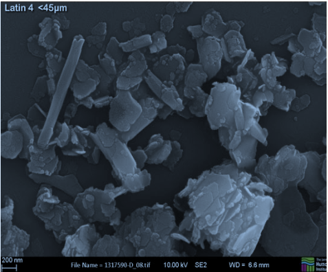 SEM image of <45 micron fractions showing halloysite tubes and kaolinite plates from location 4 (NB4).