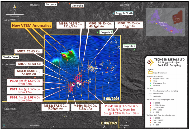 Mt Boggola Project - airborne VTEM anomalies and other prospect areas