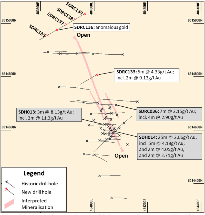 Socrates deposit plan view showing recent drill holes and the interpreted position of the mineralisation projected to surface